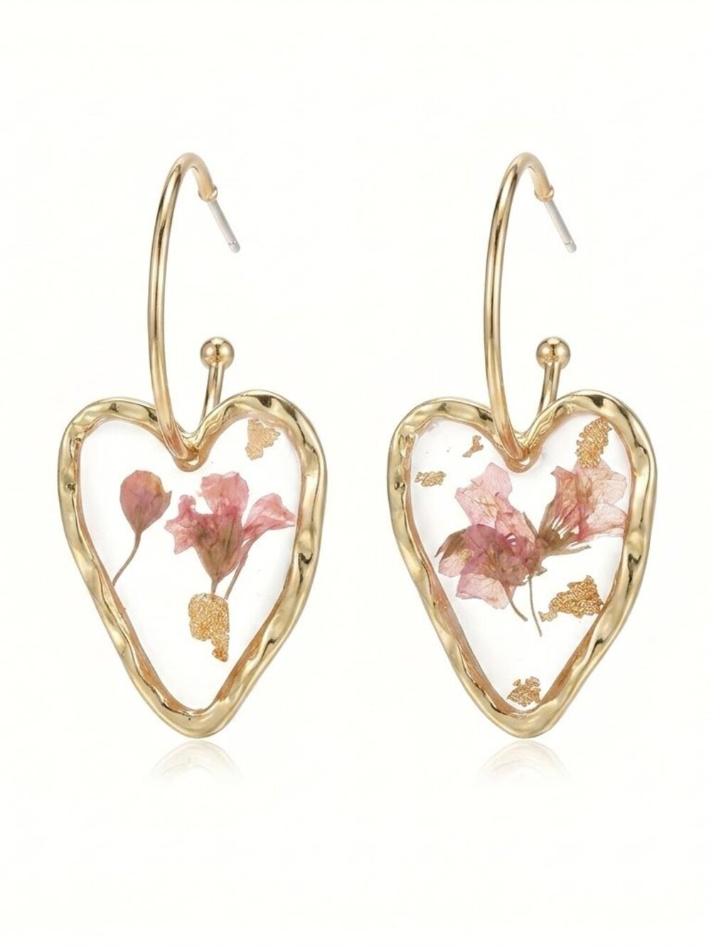 🆕️ Real Dried Pink Flower Heart Resin Hoop Earrings Gold Foil Dangle Botanical